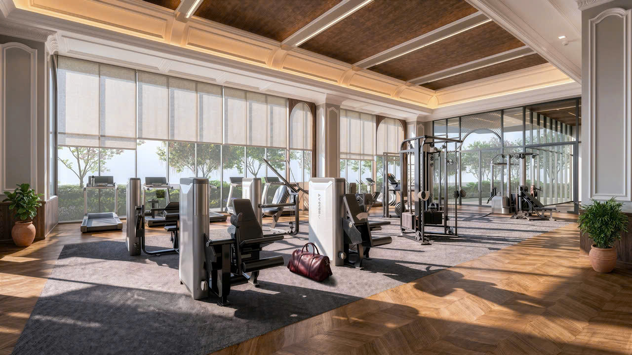 Phòng gym với hệ kính lớn nhìn ra cây xanh