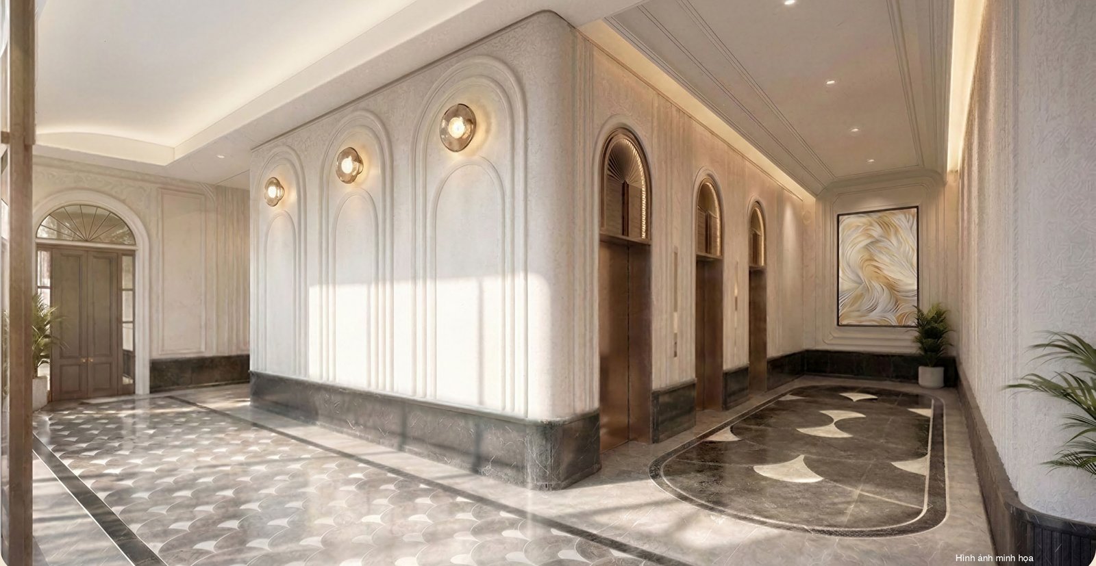 Sảnh thang máy tầng 1 Le Parc Place lát đá hoa văn cao cấp