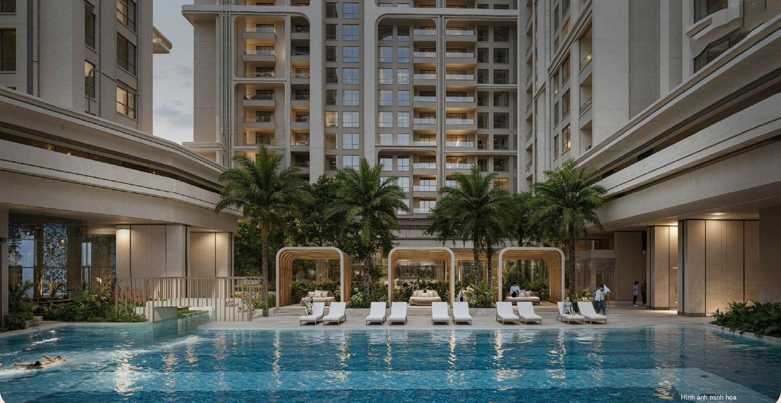 Bể bơi ngoài trời tầng 5 Le Parc Place giữa hàng cọ và cabana
