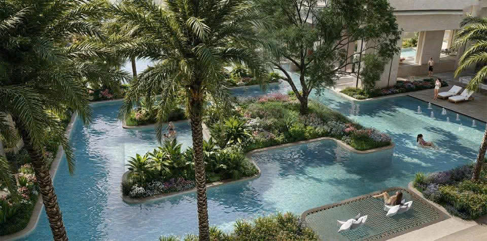Bể bơi giữa cảnh quan cọ và cây xanh