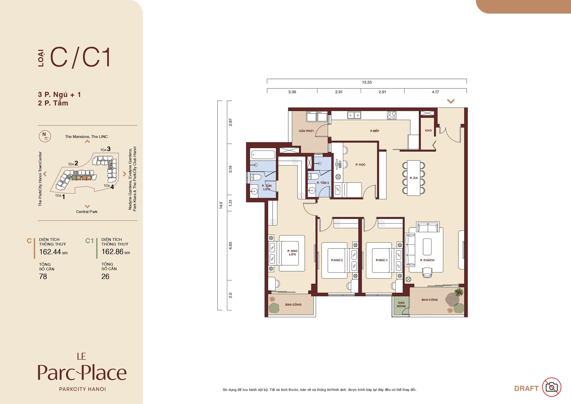 Mặt bằng căn hộ Loại C/C1 Le Parc Place 3 phòng ngủ căn góc