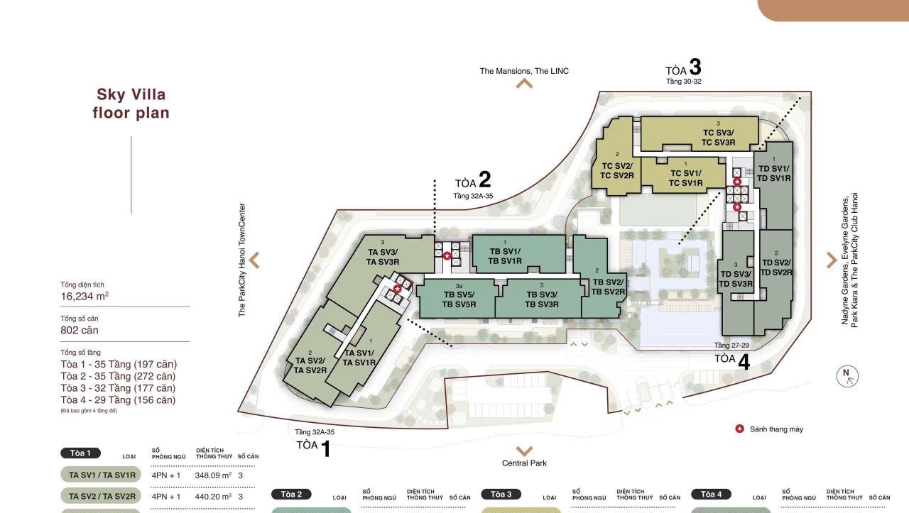 Mặt bằng bố trí Sky Villa toàn bộ bốn tòa tháp