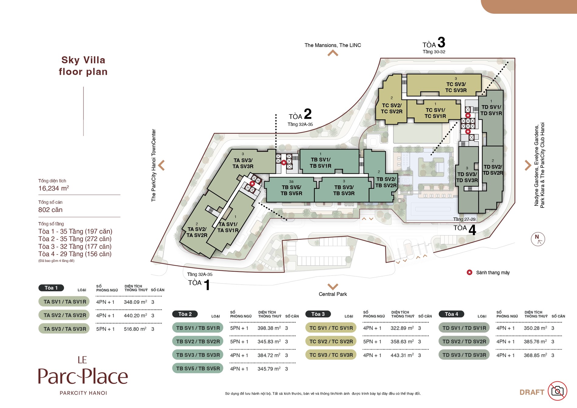 Sơ đồ Sky Villa floor plan Le Parc Place và bảng diện tích từng loại căn