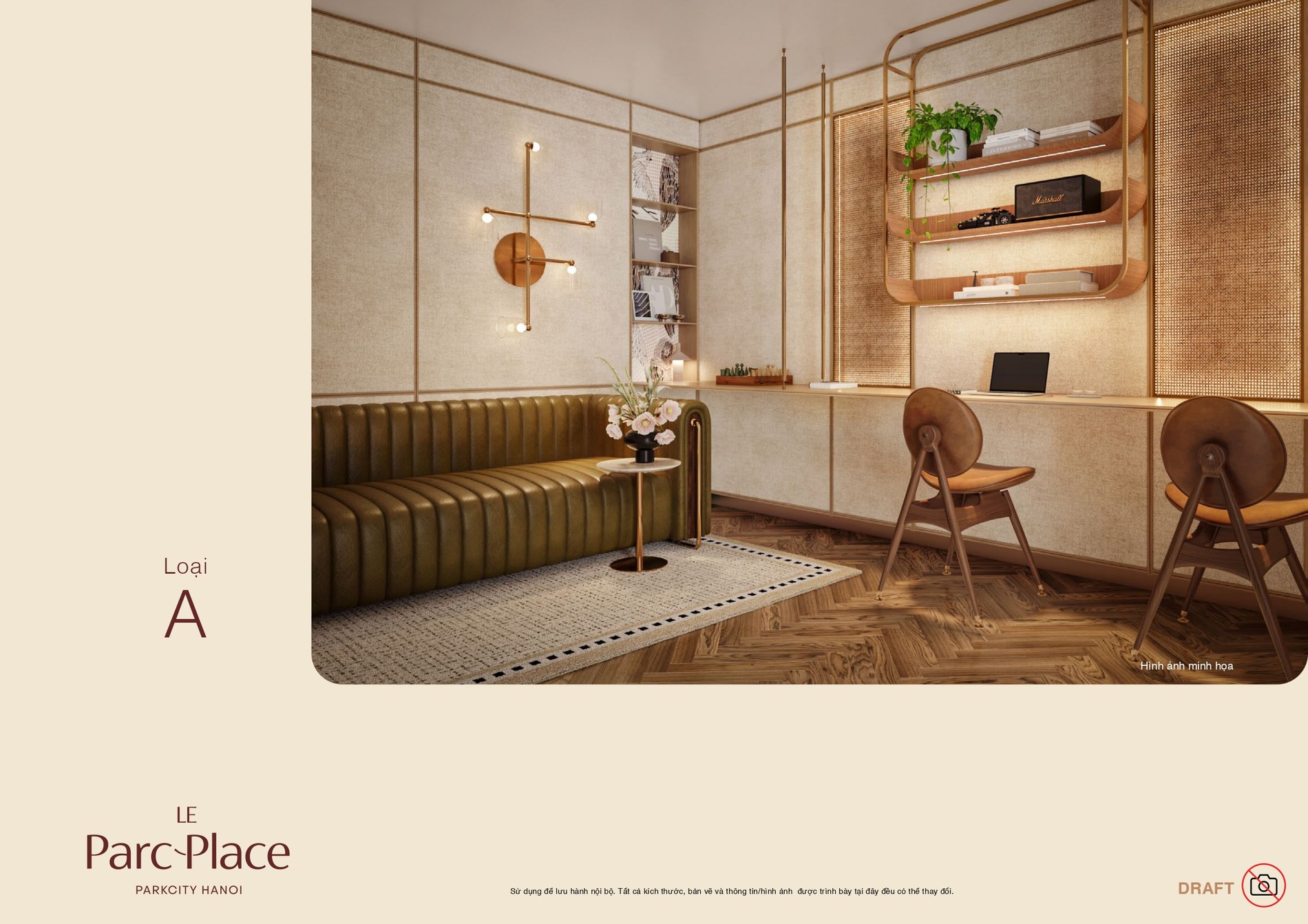 Mặt bằng căn hộ loại A1/A2 Le Parc Place — 2 phòng ngủ + 1, 2 phòng tắm, ~107m²