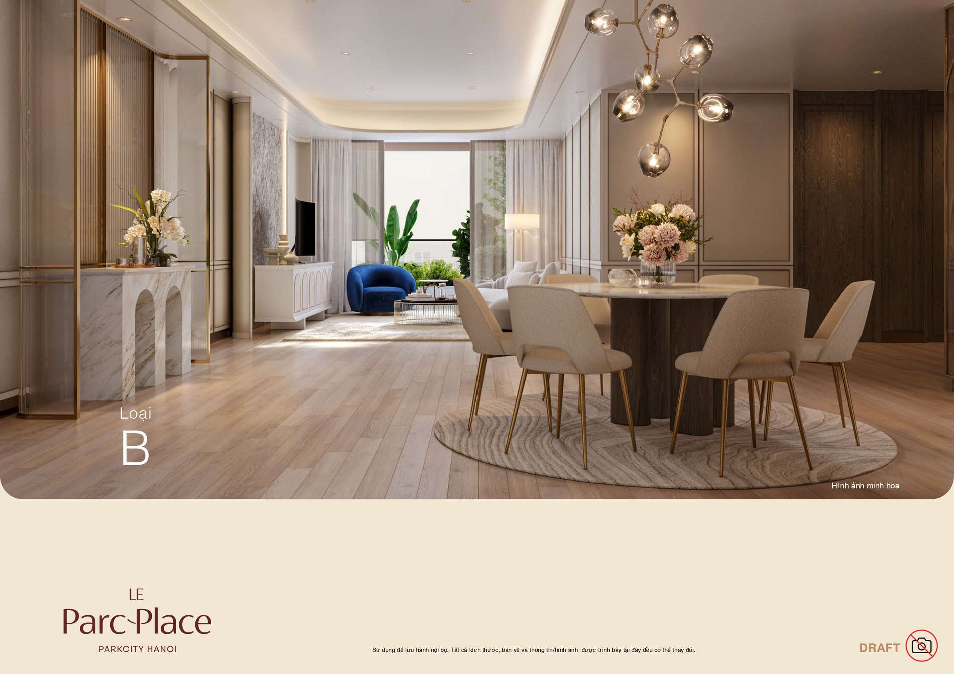 Mặt bằng căn hộ loại B/B1 Le Parc Place — 3 phòng ngủ, ~135m²