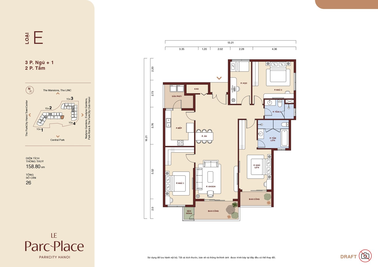 Phòng ngủ căn hộ Le Parc Place kết nối ban công xanh